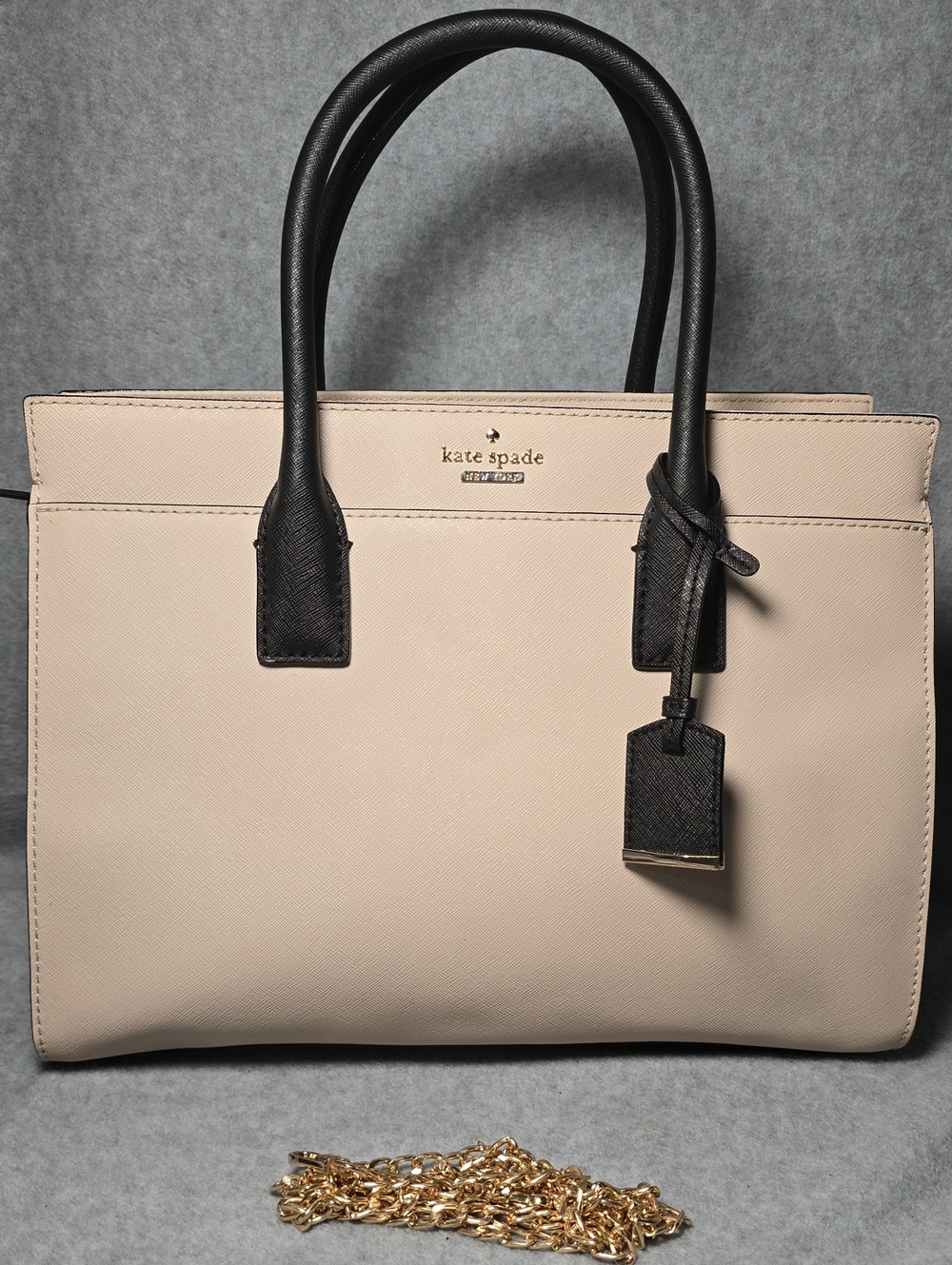 kate spade Candace Saffiano Leather Beige and Black Structured Tote Bag